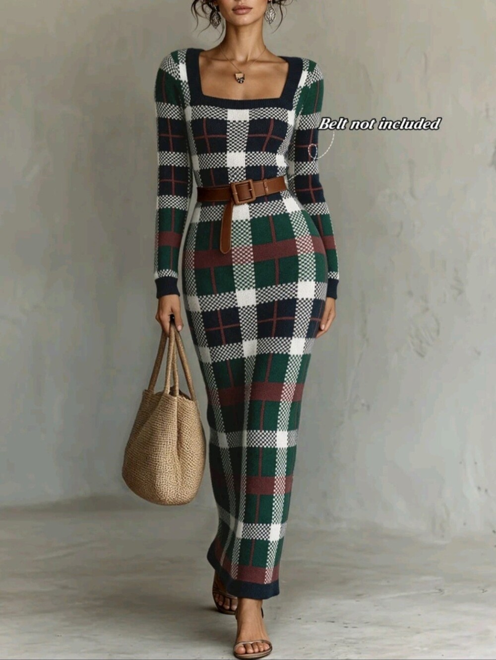 New Square Neck Ribbed Long Sleeve Slim Fit Cinched Waist Colorblock Plaid